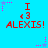 Pixelated blue background with red text 'I <3 ALEXIS!' repeated in two , surrounded by pink and purple star-shaped pixel clusters