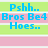 Pixelated blue text on alternating green and pink horizontal stripes with a gray rectangle in the bottom right corner.