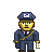 Pixelated character in blue uniform with yellow accents, wearing a cap featuring a white square patch containing blue and yellow elements.