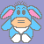 Pixelated character with blue body, pink inner ears, and gray outline against purple background.
