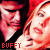 A pixelated image of two people with red hair and dark clothing, featuring the text 'BUFFY' in red at the bottom left.
