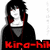Pixelated anime-style character with black hair and red eyes, wearing a black cloak over gray clothing, with red text reading "Kira-hi" at the bottom of two