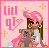Pixel art buddy icon featuring a cartoon girl with pink hair holding a teddy bear against a light pink background with orange sparkles and text.