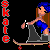 Pixel art icon of a female skater character with blue hair and outfit, standing on a skateboard against black background with vertical red text reading "SKATE".