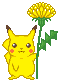 Yellow cartoon character with brown-tipped ears and red cheek circles stands beside a tall green-stemmed flower with yellow petals and green leaves.