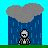 Pixel art animation of a stick figure sitting under rain with a heart-shaped cloud, displayed in a contact sheet format across three frames.