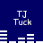 Blue background with white pixelated text 'TJ Tuck' repeated four times and white horizontal line patterns in two