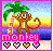 Pixel art buddy icon featuring a brown monkey on a beach with palm tree, sunset sky, and pink text banner reading 'monley' above four heart symbols.