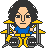 Pixel art of a person with curly black hair wearing blue shirt and yellow pants, seated behind a drum kit with yellow cymbals on gray background.