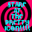 Four identical display a pink and black spiral background with cyan text reading 'STARE AT THE PRETTY ICON!!!' in pixelated font
