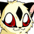 Pixelated cartoon cat face with large red eyes and black diamond-shaped marking on forehead, paired with bold red text on black background.