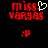Red pixelated text 'miss. VARGAS' with a white heart symbol above the dot in miss, and ':P' below on black background.
