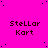 Bright pink background with scattered black dots, repeated 'Stellar Kart' text in dark brown pixelated font, and a gray rectangular overlay in the bottom-right corner.