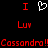 Red pixelated text and symbols on black background with heart symbol between two 'I' letters above 'Lux' and repeated 'Cassandra!!' at bottom.