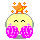 Pixelated yellow circular character with closed eyes, pink blush marks, orange star on head, and two large purple pom-pom-like objects in front of its face.