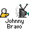 Animated contact sheet of Johnny Bravo buddy icon frames showing character in various poses with TV and text elements.