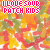 Pixelated image with two text blocks reading "ILOVESOUR PATCH KIDS" in red and green, over a colorful abstract background of orange, yellow, and pink shapes.