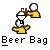 Pixel art animation of two yellow-shirted figures pouring liquid from a funnel into a white container, with text "Beer Bag" below.