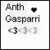 Static icon with text "Anth Gasparri" and three heart symbols below, featuring a black heart symbol that changes to gray in subsequent frames.