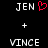 Two side-by-side pixelated text displays with 'JEN' above a plus sign and 'VINCE' below, one featuring a red heart symbol next to 'JEN'.