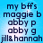 Blue background with dark blue text listing names and "jill&hannah" in a of four identical