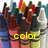 A pixelated image of a group of colorful crayons with yellow text overlaid, showing animation changes in the text.