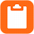 Pixelated orange square icon with white clipboard symbol featuring a cloud-shaped clip at the top.