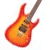 Pixelated electric guitar with gradient orange-red body and brown neck, positioned diagonally left of pink text reading 'Guitar Girl' on white background.