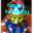 Pixelated character with pink hair, blue eyes, green scarf, and blue pants with white spots, wearing a brown jacket, with changing cyan text overlays.