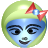 Pixelated circular icon with light green outer ring, blue face, black eyes with eyelashes, red bow with blue center on top right, and small dark mouth.