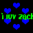 Blue heart shapes float against a black background with green text reading "i luv zach" in two horizontal bands.