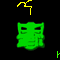 Green pixelated face with yellow lightning effects above it, displayed in a of showing animation changes