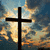 A split- image with a black cross against a cloudy sky on the left and yellow background with pixelated text reading "I'm just being holy!" on the right