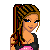 Pixelated 2x2 contact sheet of a cartoon woman and text elements with red, blue, white, black, pink colors on a gray background.
