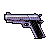 Pixel art depiction of a handgun with a metallic barrel and purple-toned frame against a solid gray background.