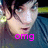 Pixelated close-up of a person's face with dark hair, wearing blue clothing and green background elements, overlaid with bright pink 'omg' text.