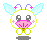 Pixelated character with white face, pink nose, blue wings, and purple antennae showing four distinct poses.