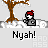 Pixel art animation of a character with red hair and gray clothing standing next to a brown tree, with 'Nyah!' text below, showing sequential movement from left to right.