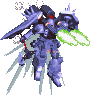 Pixelated mecha with blue armor, red eyes, and green energy beams from its hands against a gray background.