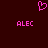 Pink pixelated heart symbol above two instances of the text ALEC in pink pixelated font on a dark red background.