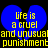 Blue broken heart shape with yellow text reading "life is a cruel and unusual punishment" on black background.