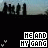 Pixelated cityscape with dark buildings against a light sky, overlaid by bold white text reading 'HE AND MY GANG' and two small gray heart symbols on black background.