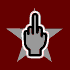 Two pixelated hand icons on star-shaped backgrounds against a dark red backdrop, one showing middle finger gesture and the other rock-on gesture.