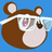 Brown bear-like character with rounded ears, white facial markings, and a white headband against a solid blue background.