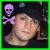 A 50x50 pixel animated buddy icon featuring a person in a black cap with a skull and crossbones symbol that changes color between frames, set against a dark background with blue circular shapes.