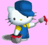 Hello Kitty character in blue overalls and cap holding paintbrush with red paint, standing next to gray bucket on pink background.