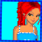 Pixelated character with red hair in a blue halter top and white pants, holding black rings against cyan background.