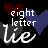 Pixelated icon with three heart shapes and text reading 'eight letter lie' in white, dark red, gray, and blue on black background.