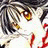 A pixelated contact sheet showing two frames of an animated icon featuring a close-up anime-style character with dark hair and yellow eyes on the left, next to black background text reading "Anime IM" and "cOw" on the right.