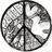 Circular icon divided into four quadrants by black lines, featuring a peace symbol with white doves and patterned backgrounds.